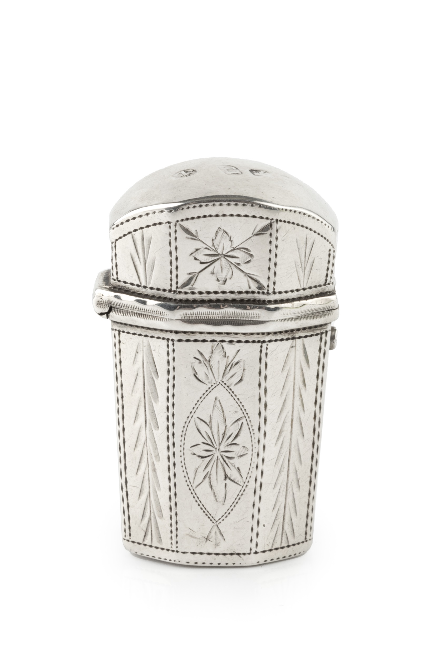 A George III silver scent bottle etui, of tapered and faceted form, engraved with panels of stylised