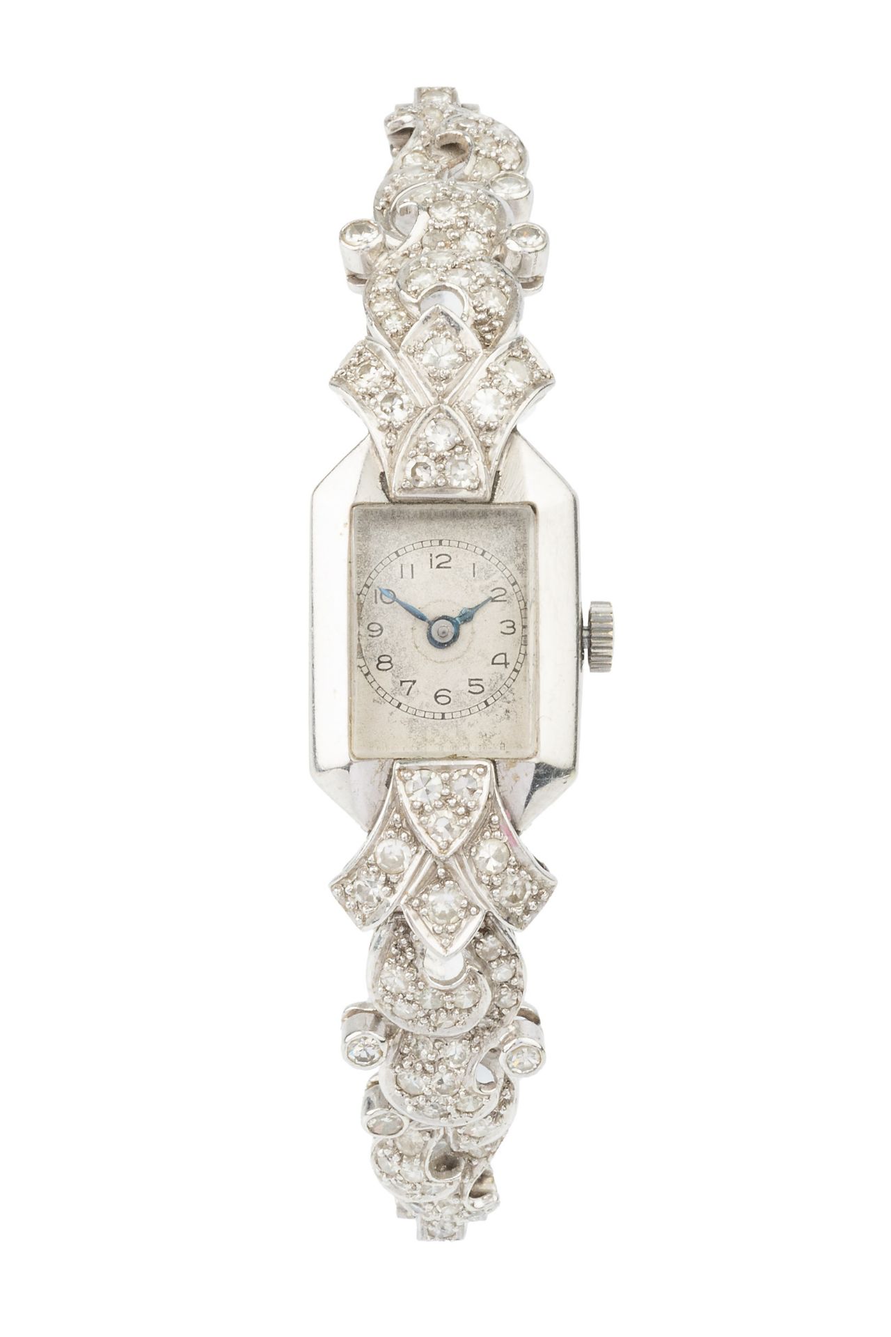 A diamond cocktail watch, with rectangular silvered dial, the 9ct white gold bracelet strap with