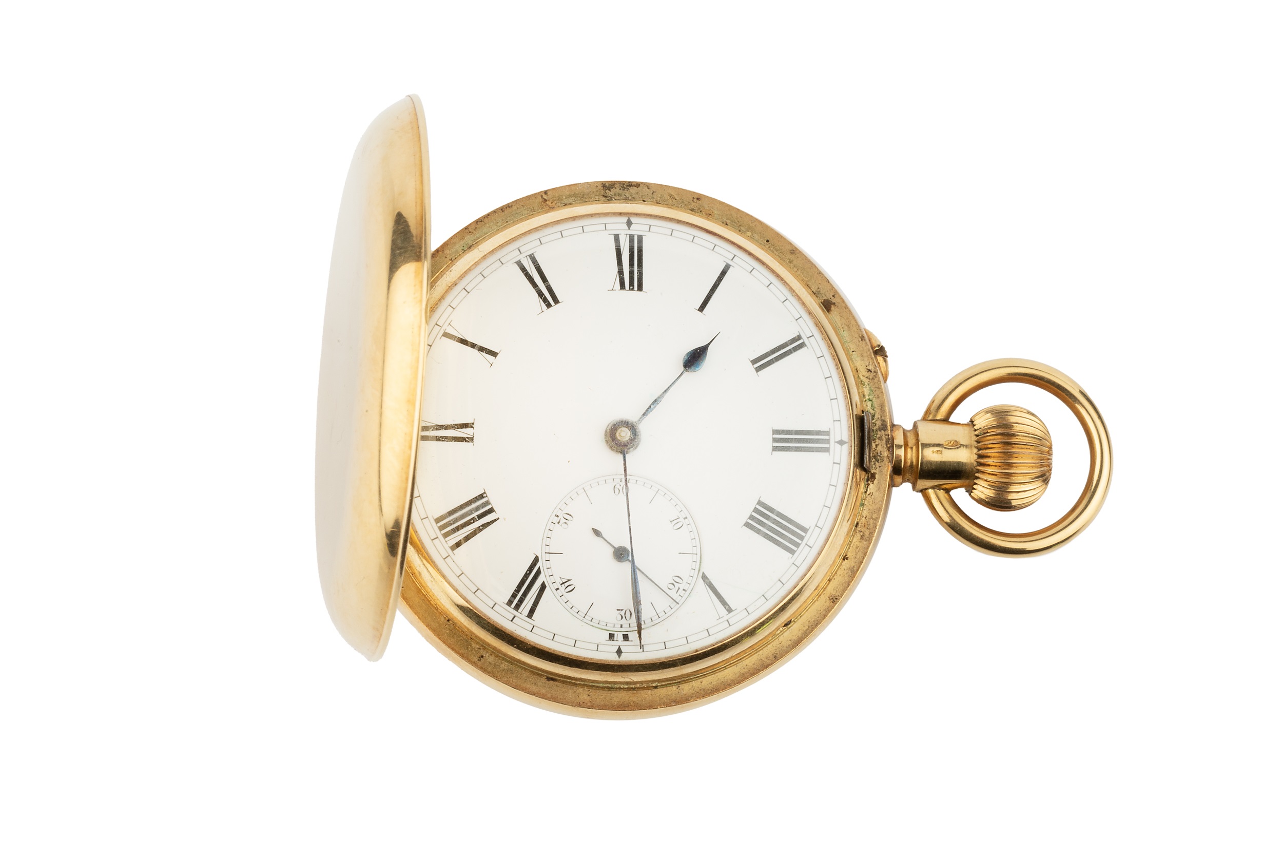A Swiss 18ct gold hunter pocket watch, having white enamel dial with seconds subsidiary dial, and