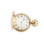 A Swiss 18ct gold hunter pocket watch, having white enamel dial with seconds subsidiary dial, and