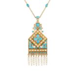 A late Victorian turquoise and seed pearl necklace by Carlo Giuliano, of geometric openwork