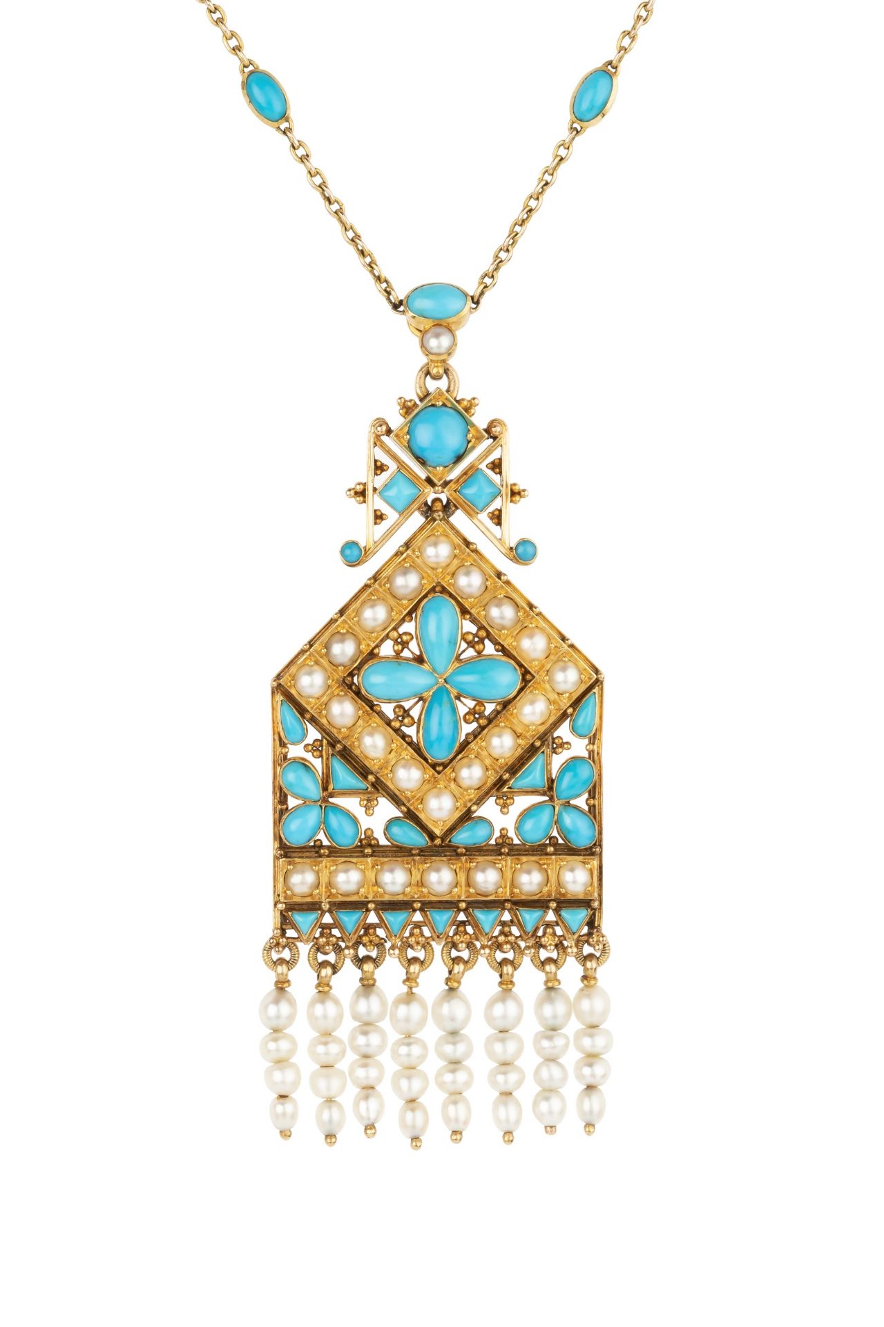 A late Victorian turquoise and seed pearl necklace by Carlo Giuliano, of geometric openwork