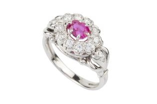 A ruby and diamond cluster ring, the oval cut ruby within a border of ten collet-set round brilliant