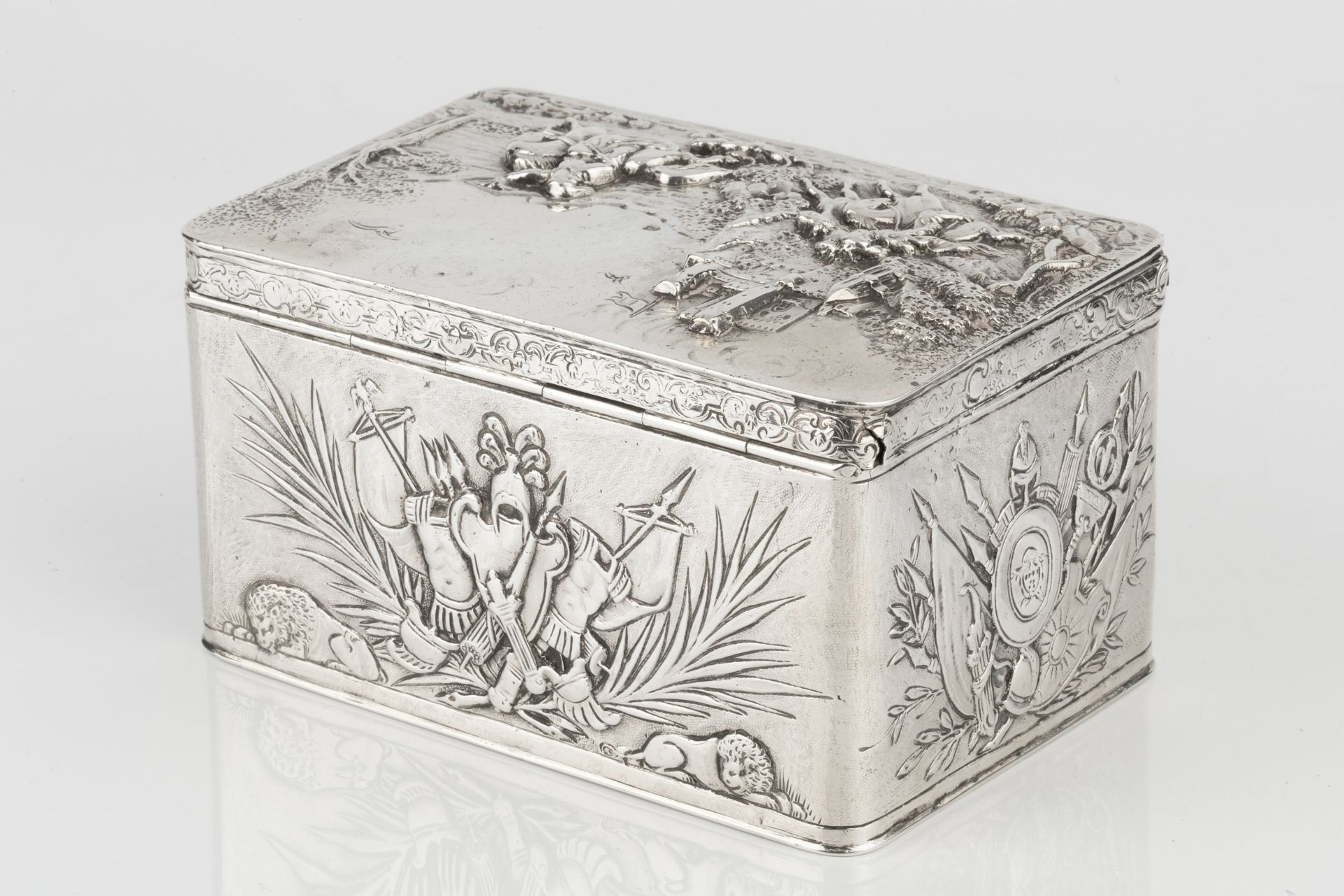 A late 19th century Dutch silver rectangular 'castle top' box, the hinged cover relief decorated - Image 2 of 4