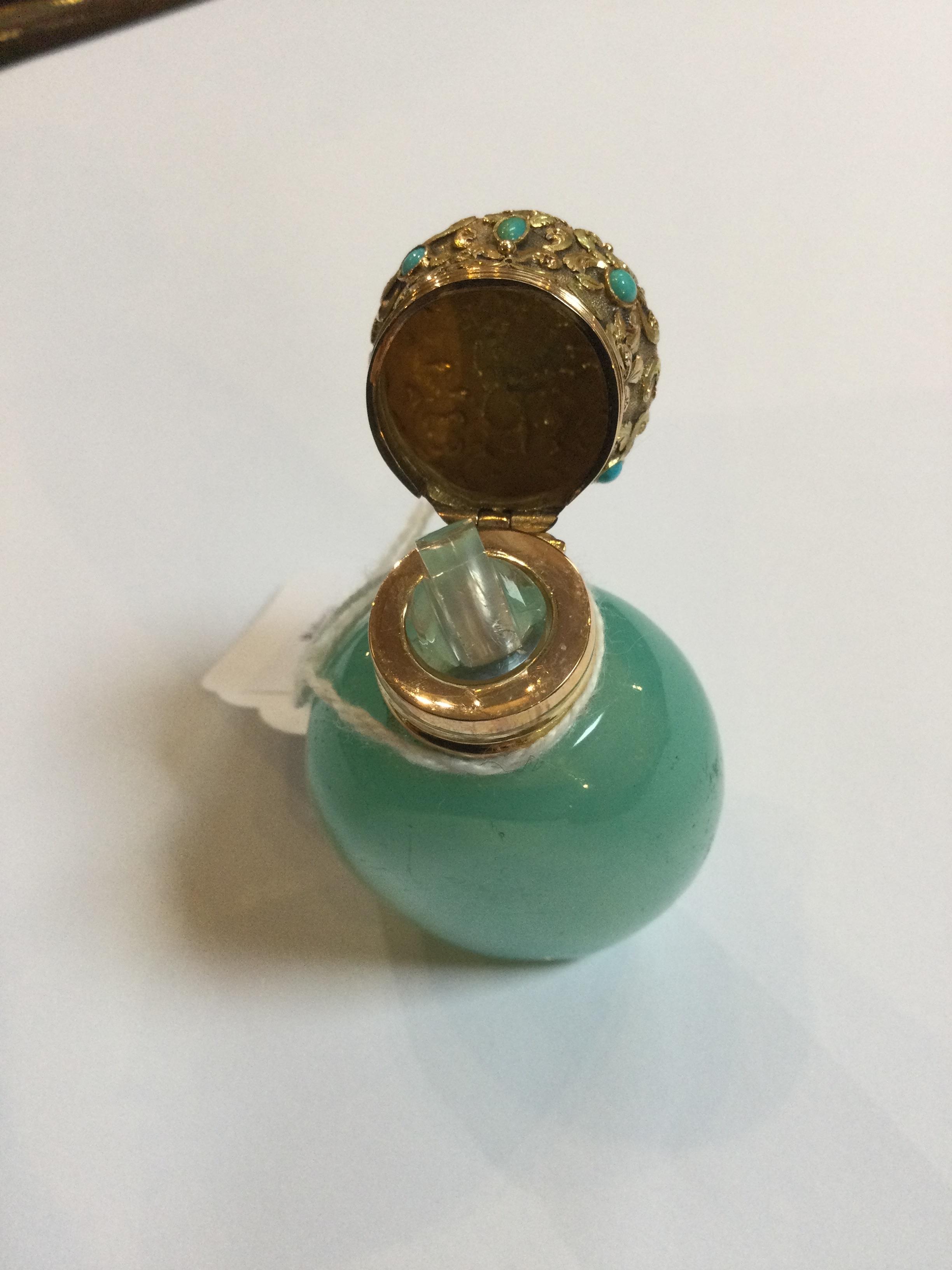 A 19th century French gold mounted opaline glass scent bottle, the turquoise glass body of ovoid - Image 5 of 11