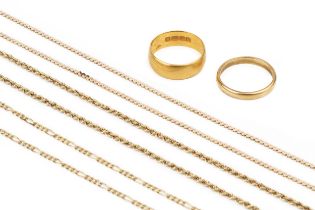 A collection of gold jewellery, comprising a 22ct wedding band, an 18ct wedding band, three neck