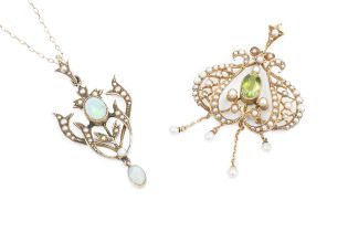 An Edwardian 9ct gold, opal and seed pearl pendant, of sinuous foliate design, centred with a