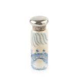 A late Victorian silver topped porcelain scent bottle, of cylindrical form, printed in blue and