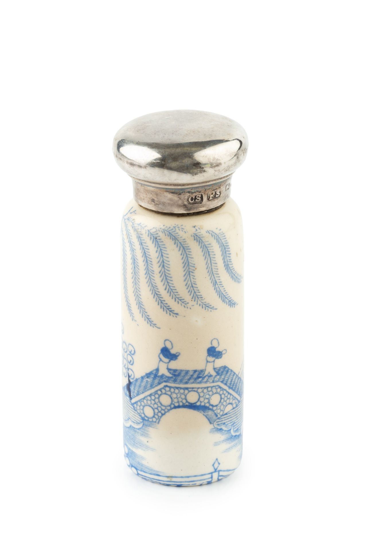 A late Victorian silver topped porcelain scent bottle, of cylindrical form, printed in blue and