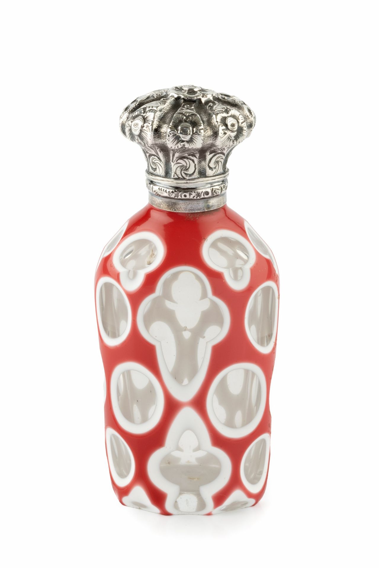 A 19th century Bohemian opaque pink and white overlaid glass scent bottle, the white edged pink