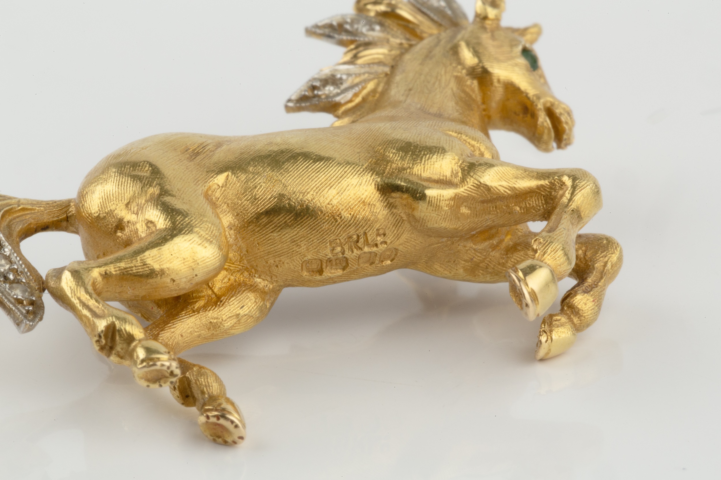 An 18ct gold and diamond set brooch, in the form of a prancing horse, the mane and tail set with - Image 3 of 5