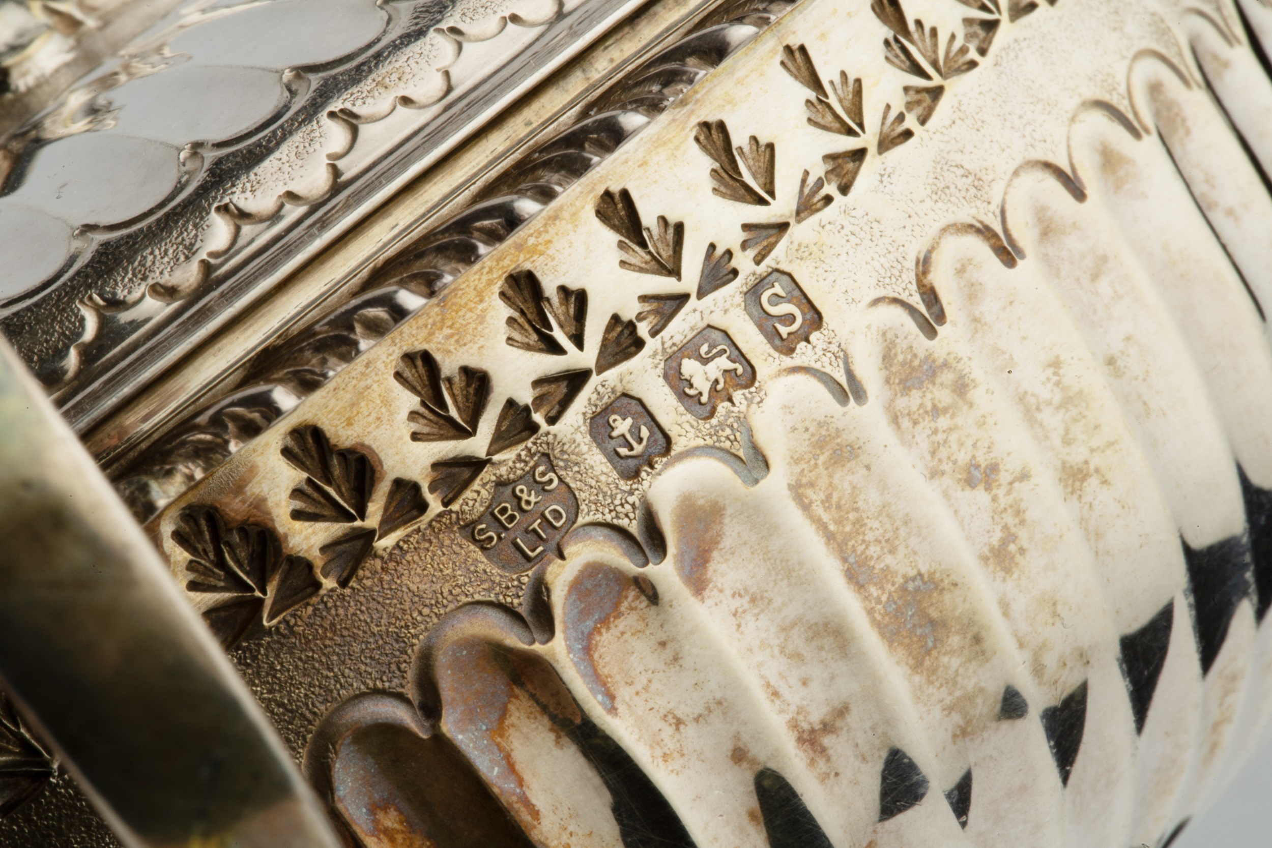 A George V silver twin handled shallow bowl and cover, with gadrooned border, fluted decoration, - Image 3 of 3