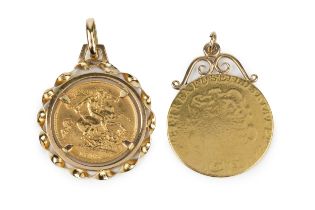 A George V sovereign, 1913, and a George III guinea (worn), both mounted as pendants. (2) overall