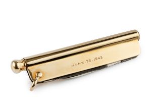 A 14k gold combined penknife and propelling pencil, with steel blades, engraved with name and date