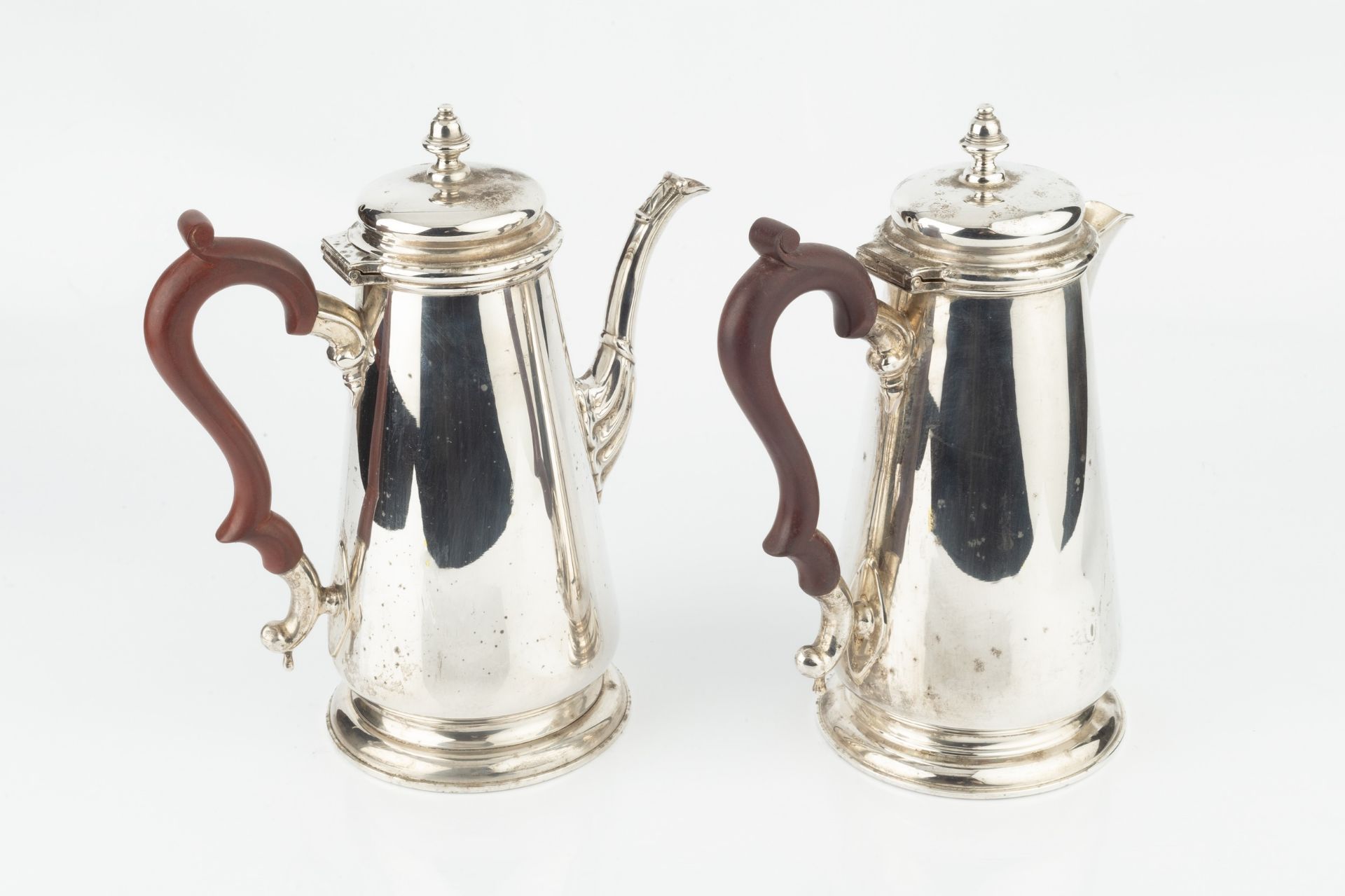 A silver coffee pot and matching hot water pot, with tapering baluster bodies, hinged covers and - Image 2 of 3