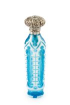 A 19th century Bohemian white overlaid turquoise glass scent bottle, with faceted gothic style