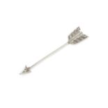 A diamond set jabot pin, in the form of an arrow, the tip and flight set with rose cut stones, 5.8cm