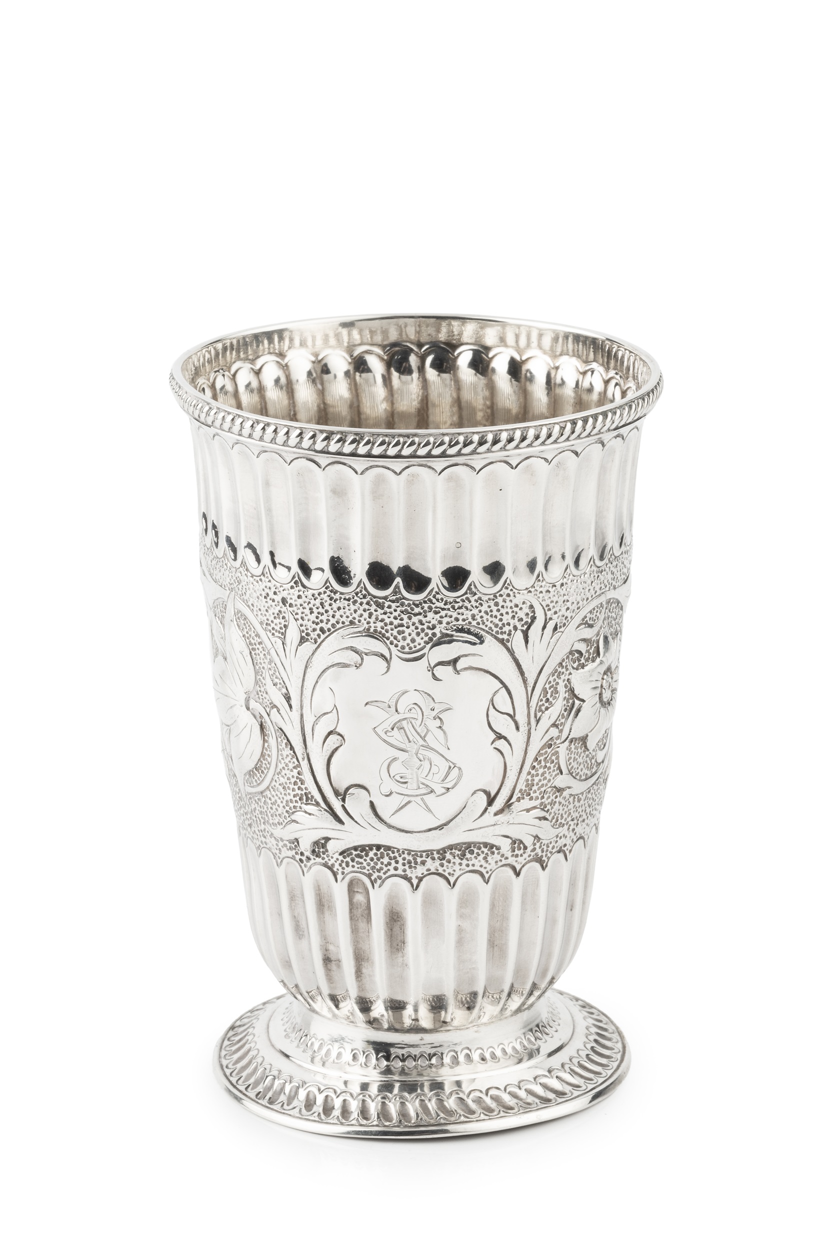 A mid Victorian silver beaker, the slightly tapered and flared body chased and engraved with a