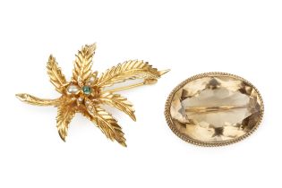 A 9ct gold and gem set brooch, in the form of an insect upon a leaf, the insect with seed pearl
