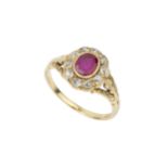 A ruby and diamond cluster ring, the oval cut ruby set within a border of ten old-cut diamonds, to