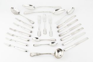 A collection of 19th century silver fiddle pattern flatware, comprising two gravy spoons, three