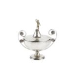 A 19th century Italian (Papal States) silver sucrier and cover, of urn form, with cherub finial