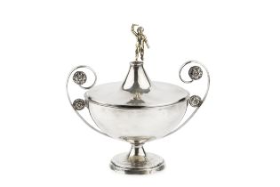 A 19th century Italian (Papal States) silver sucrier and cover, of urn form, with cherub finial