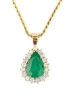 An emerald and diamond pendant, the mixed cut pear shaped emerald of 4.7ct within a border of