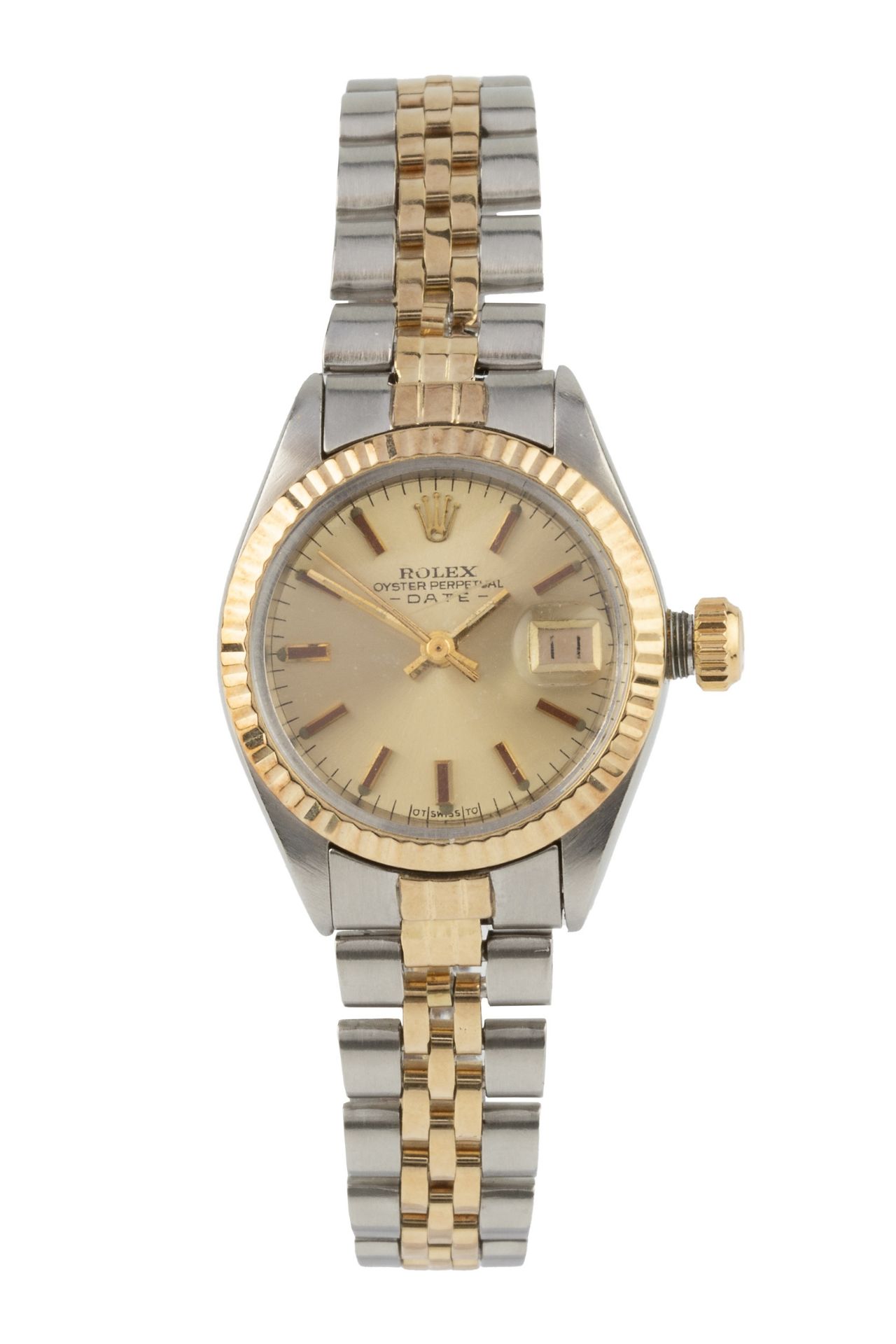 A Rolex Oyster Perpetual Date lady's wristwatch, the gilt dial with applied baton markers, centre