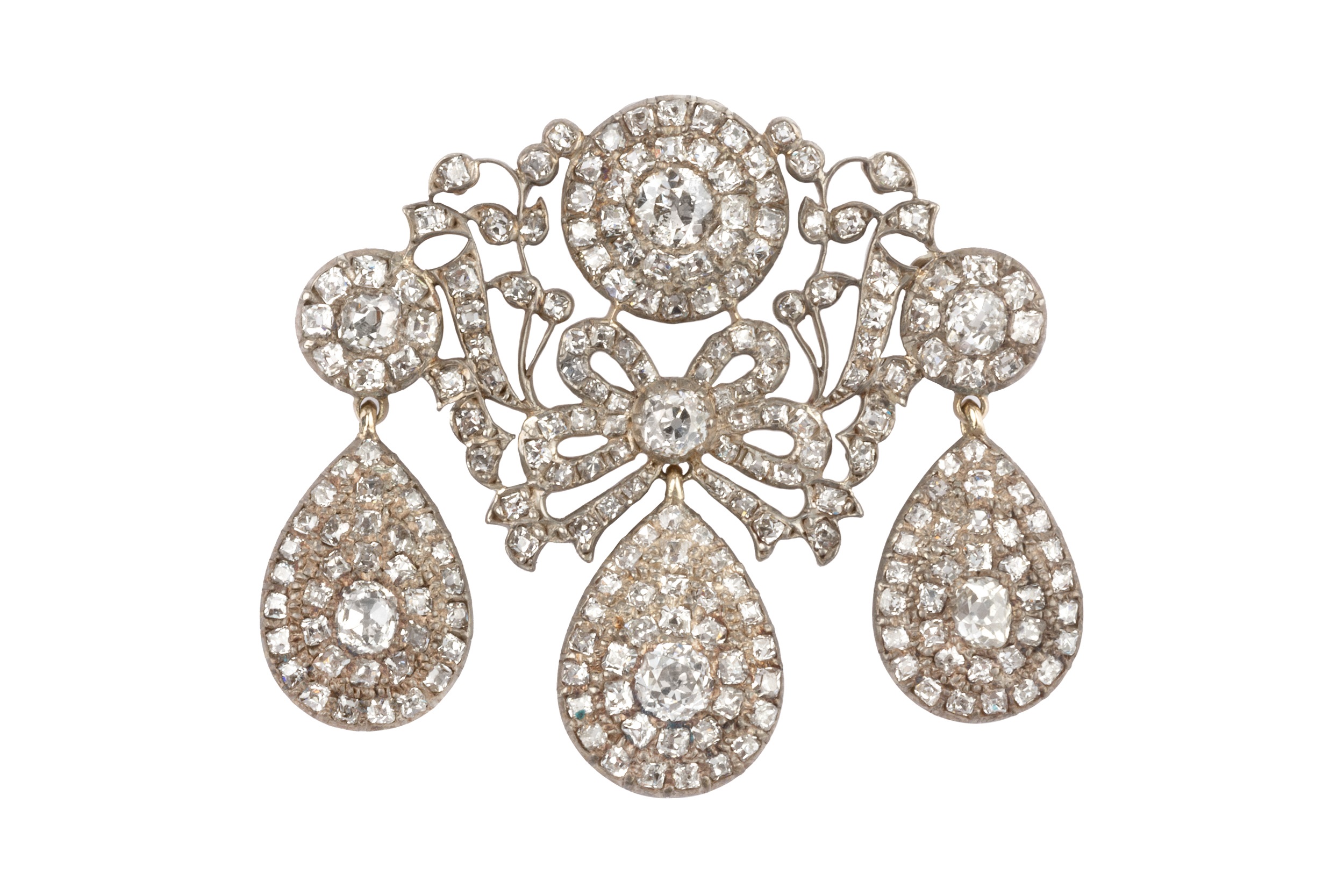 A diamond girandole brooch, formed as a trio of pear-shaped cluster drops suspended from a central - Image 2 of 7