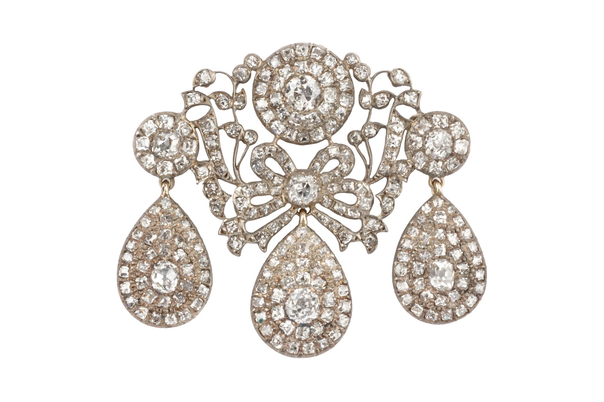 A diamond girandole brooch, formed as a trio of pear-shaped cluster drops suspended from a central - Image 2 of 7