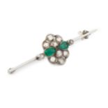 An emerald and diamond cluster bar brooch, the uniform bar centred with a pierced and millegrained