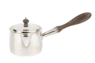 A George III silver brandy warming pan and cover, with turned wooden side handle, the cover with