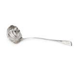 An early George III silver old English pattern soup ladle, with scalloped bowl, crested, by George