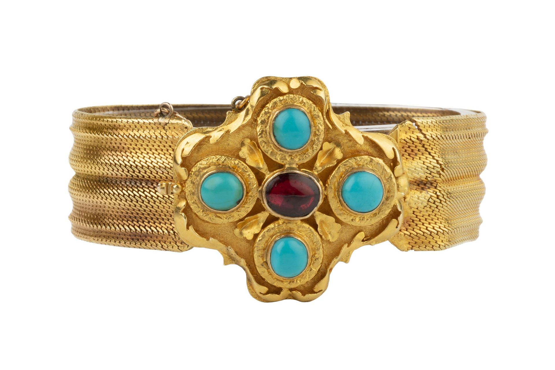 A yellow precious metal bracelet, of woven mesh strap form, the quatrefoil shaped clasp relief
