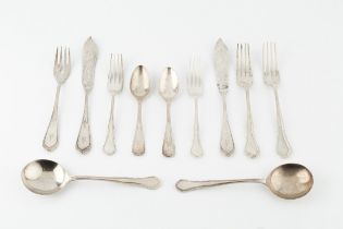 A part service of silver flatware, with shaped handles comprising 4 table forks, 4 dessert forks,
