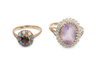 A 9ct gold, garnet and opal cluster ring, and a 9ct gold, amethyst and diamond cluster ring, the