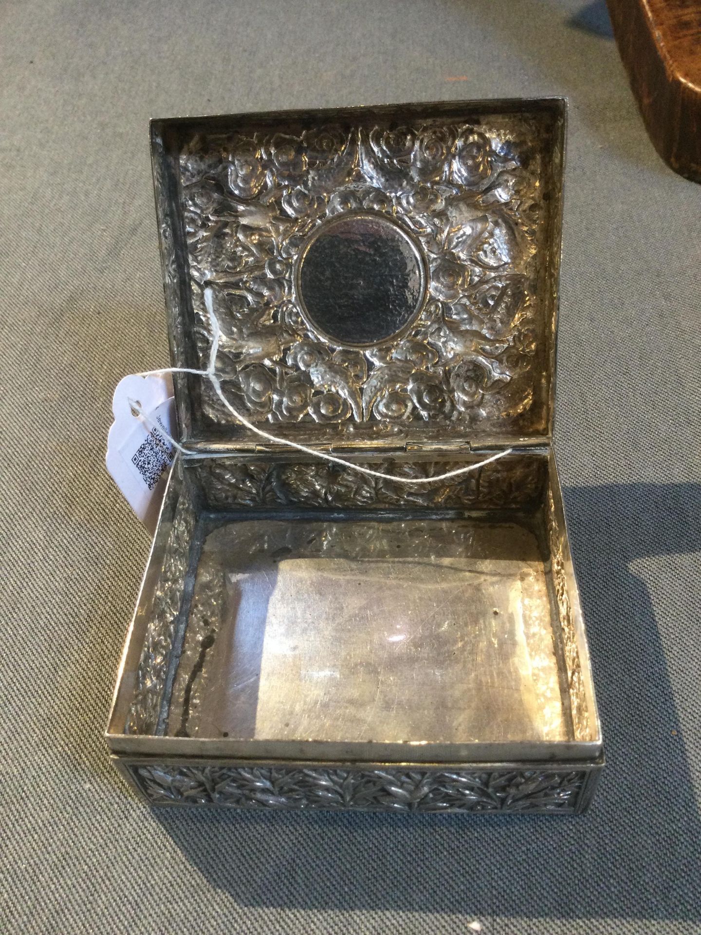 A Chinese silver rectangular box, with hinged cover, embossed and engraved with dragons amidst - Image 10 of 10