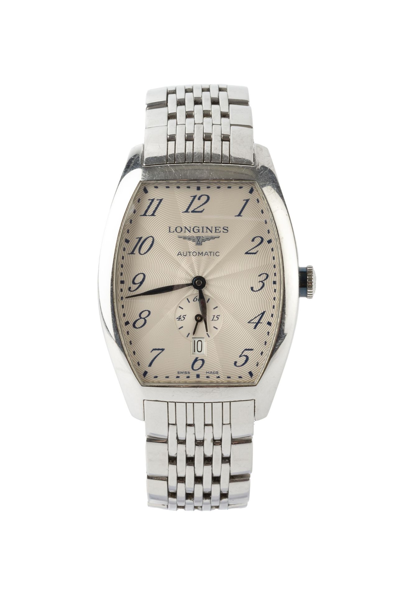 A stainless steel Evidenza automatic wristwatch by Longines, the tonneau case with silvered sunburst