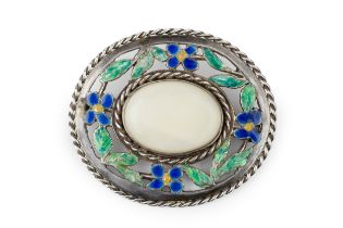 A silver and enamel Arts & Crafts style oval brooch, centred with a pale cabochon opal within a