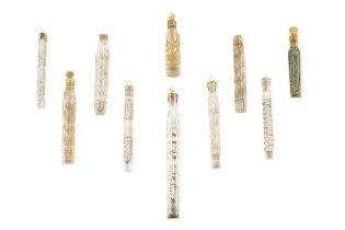 A collection of ten 19th century and later glass scent phials, with cut, faceted and gilt