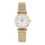 A lady's 'Grand Classique' gold plated wristwatch by Longines, with white circular dial and quartz