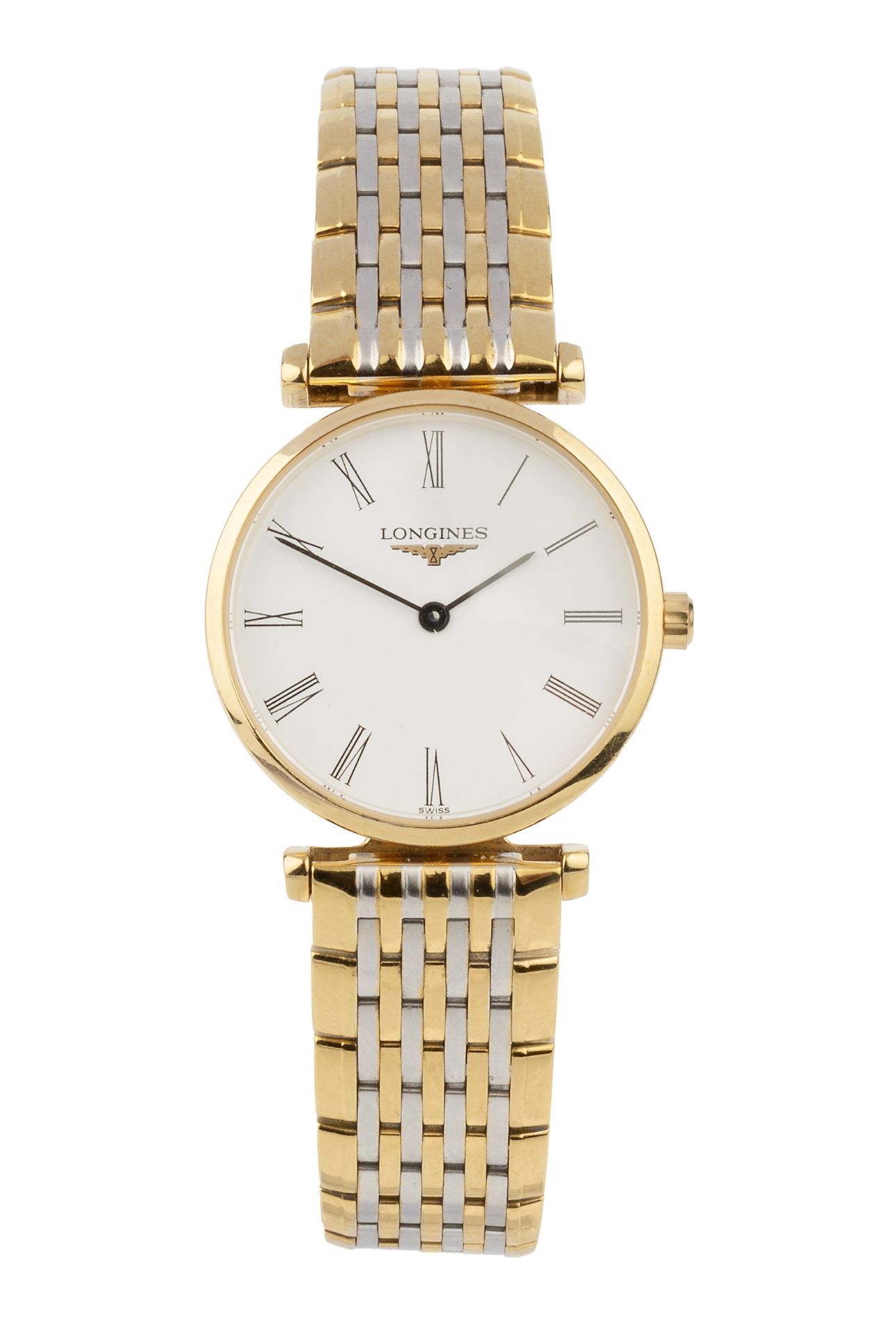 A lady's 'Grand Classique' gold plated wristwatch by Longines, with white circular dial and quartz
