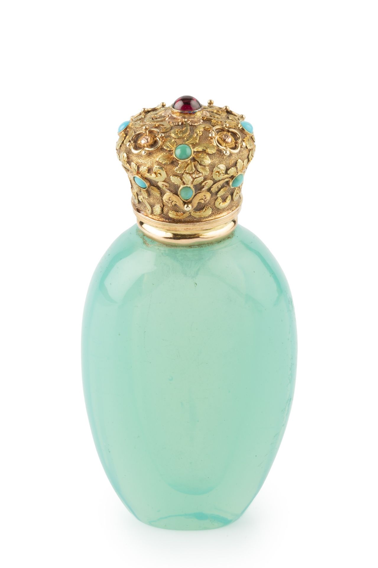 A 19th century French gold mounted opaline glass scent bottle, the turquoise glass body of ovoid