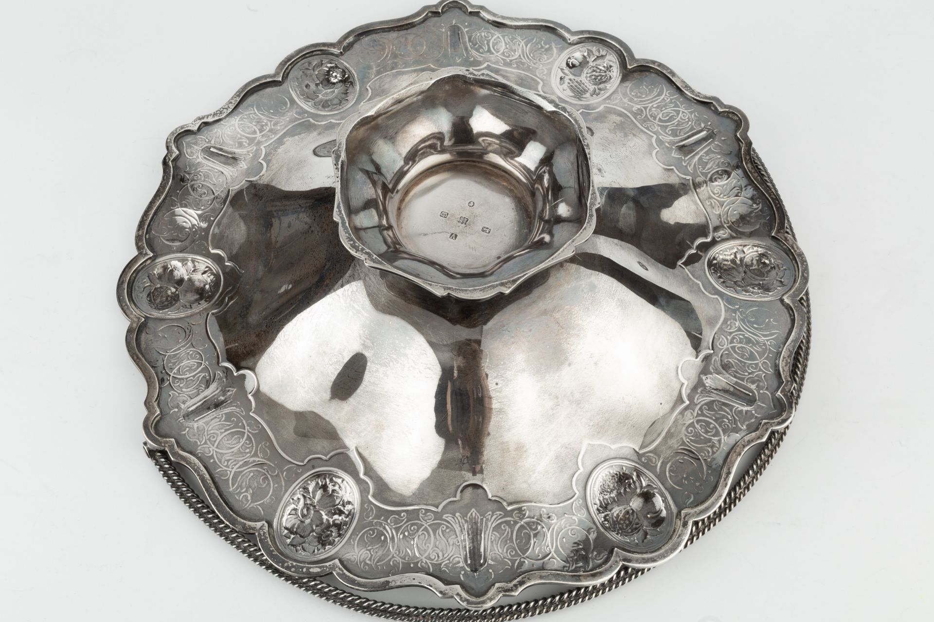 A mid Victorian silver swing handled fruit stand, of shaped undulating form, the borders embossed - Image 2 of 2