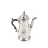 A George II silver coffee pot, with tapering baluster body, hinged domed cover with pinecone finial,