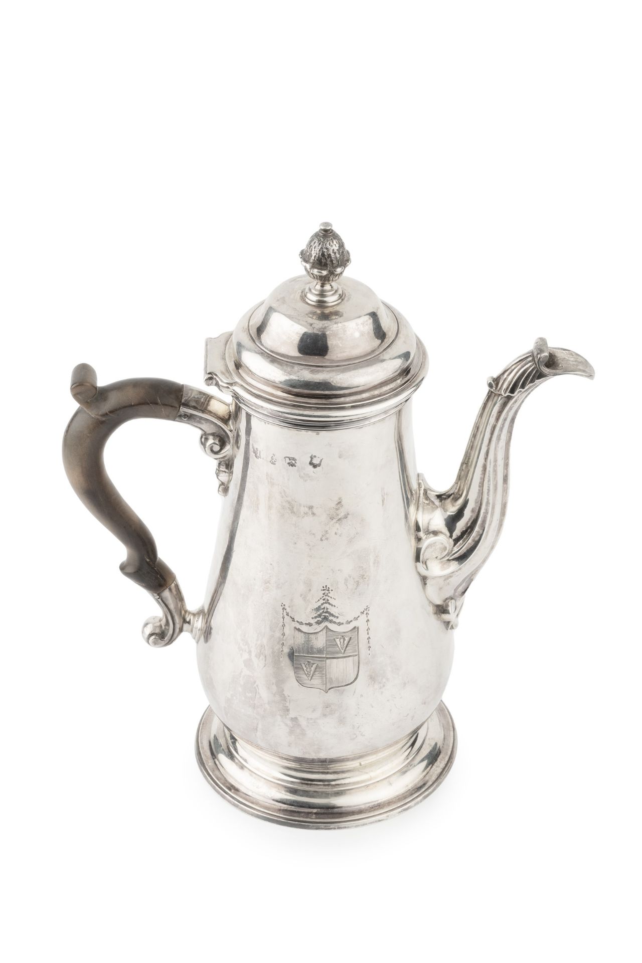 A George II silver coffee pot, with tapering baluster body, hinged domed cover with pinecone finial,