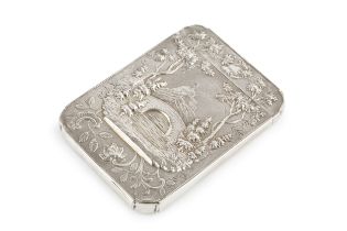 A 19th century silver castle top card case, possibly American, repoussé decorated to one side with a