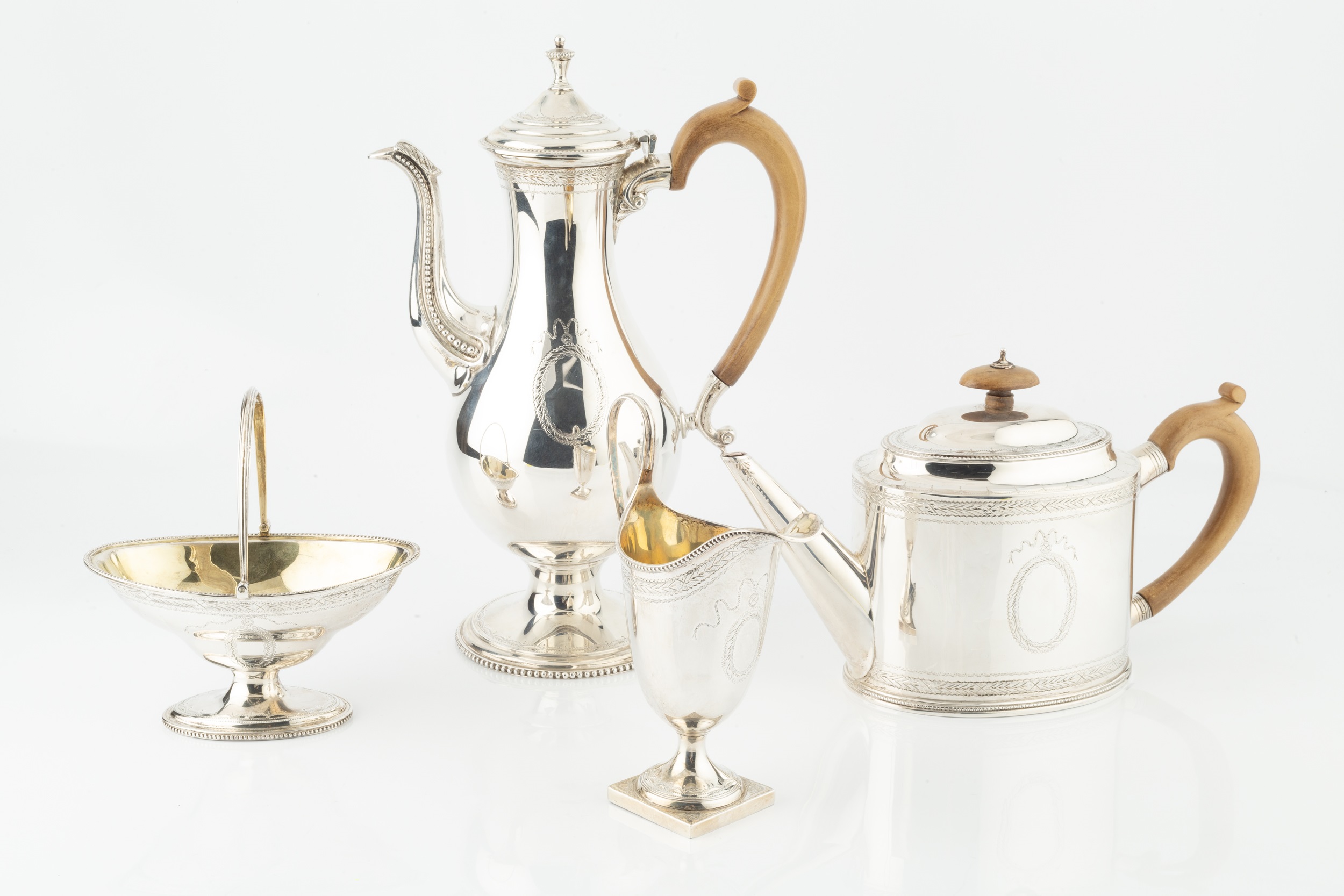 A silver four piece tea and coffee service, with tray, after a design by Hester Bateman, - Image 3 of 3