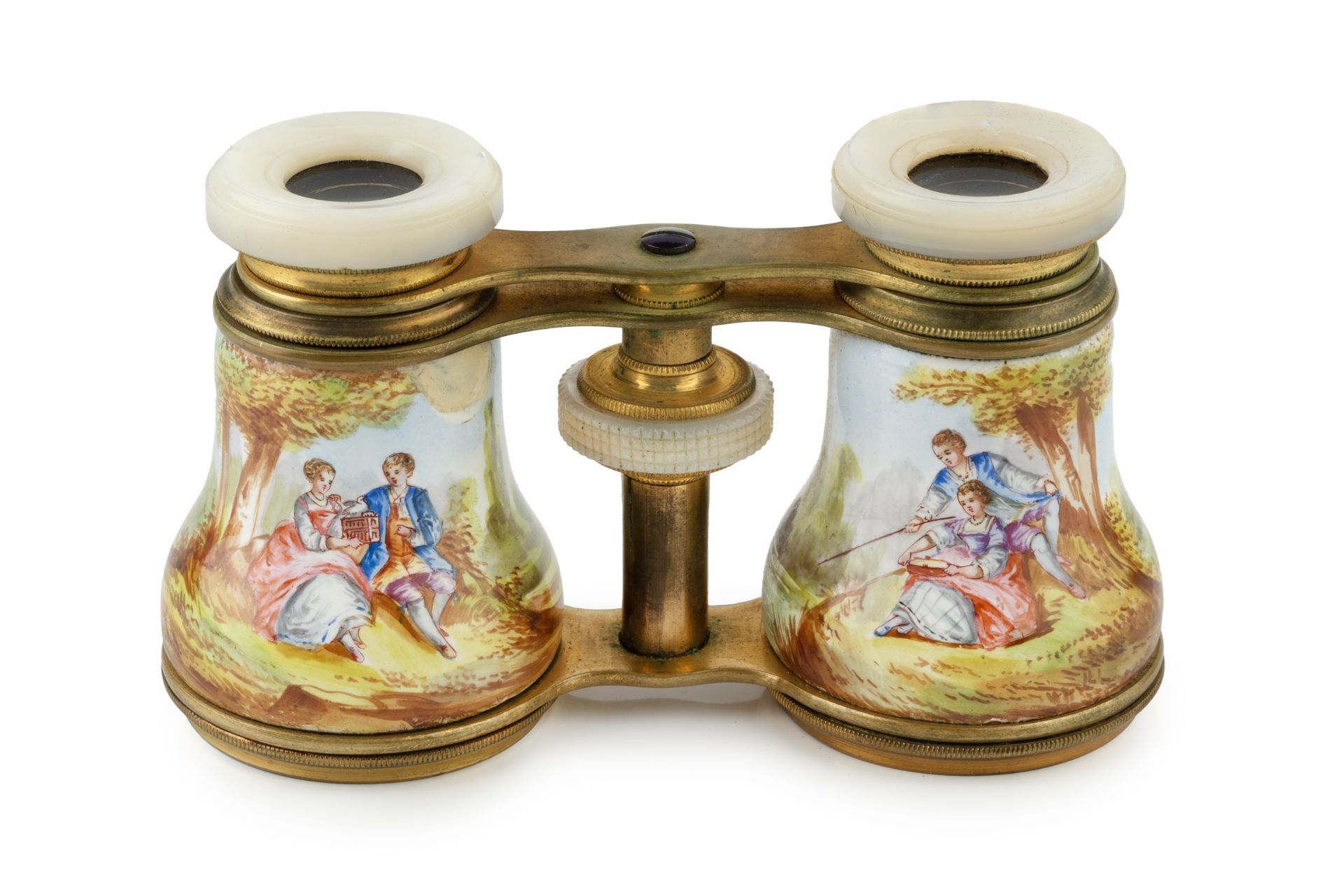 A pair of late 19th century French gilt metal, mother o'pearl and enamel opera glasses, painted with